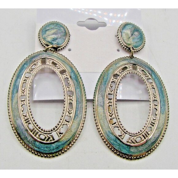 Silver Tone Western Concho Style Earrings Oval Blue Green Enamel Swirl Fashion - Picture 1 of 9